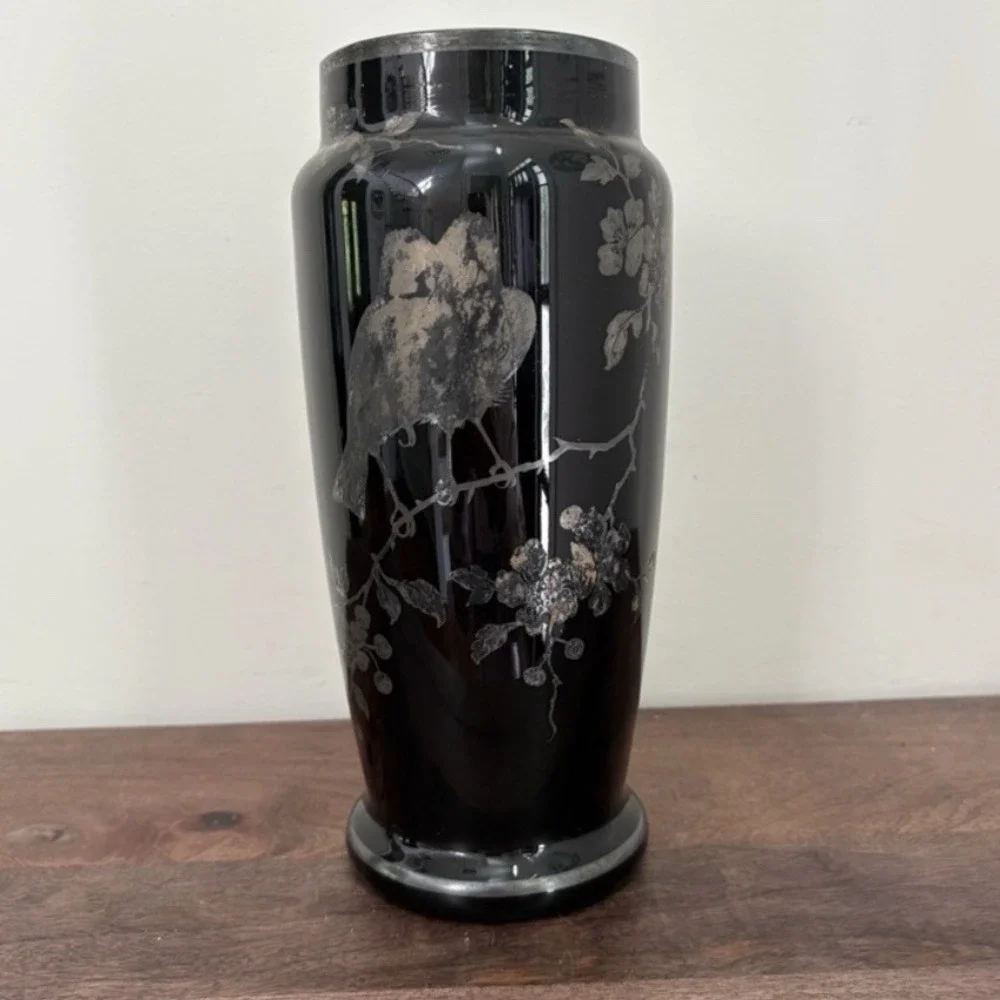 Vintage Czech Black Glass Etched Vase Birds Floral Art Deco Style Slovakia 10" - Picture 12 of 12